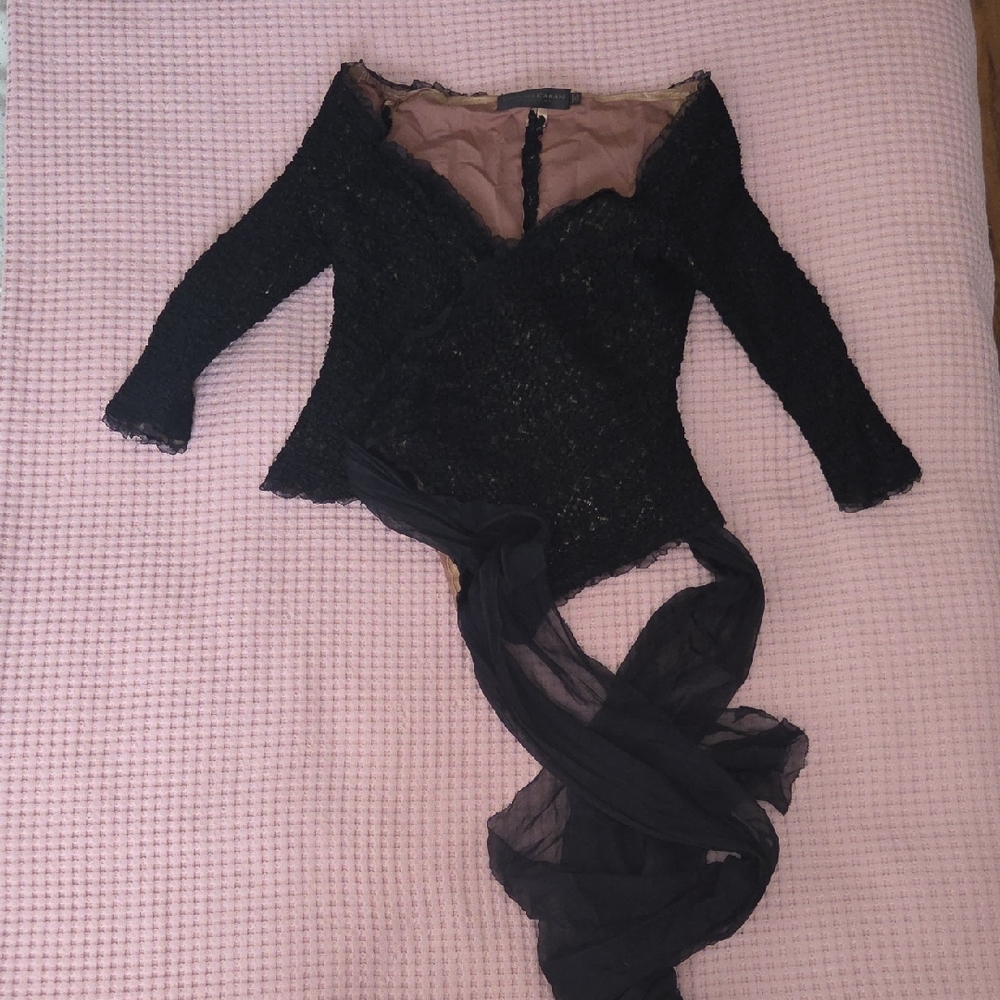 Donna Karan Black and Gold Lace Detail Top